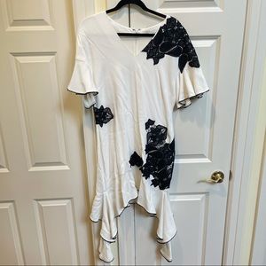 Jonathan Simkhai White Flutter Sleeve Dress With Black Contrast Lace Details